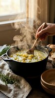 Caucasian hand stirring steaming potato soup in black cast iron pot by window with natural light, fresh herbs and bread nearby for cooking and food preparation.