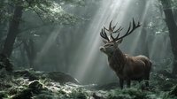 Majestic red deer stag with large antlers standing in misty forest with sunbeams streaming through trees creating atmospheric woodland scene.