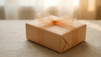 Elegant kraft paper gift box with golden ribbon bow on wooden surface with warm sunlight creating cozy atmosphere for special occasions and celebrations.