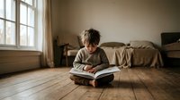 Young boy sitting on wooden floor reading book in cozy bedroom with natural window light creating warm atmosphere for learning and education.
