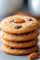 Stack of fresh baked almond cookies with chocolate chips and sea salt crystals on top, macro food photography with selective focus and natural light.