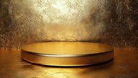 Luxurious golden platform display against textured metallic wall with dramatic lighting effects creates premium product presentation space for jewelry or awards.