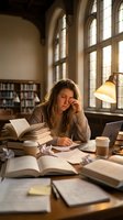 Young woman with long brown hair, Caucasian ethnicity, student or researcher, studying at desk with open books, laptop, and coffee cups in sunlit library with tall windows and bookshelves.