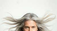 Middle-aged man with long, flowing gray and silver hair blowing in wind against neutral background, isolated for design use on apparel and marketing materials.