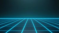 Futuristic blue neon grid perspective on dark background with glowing horizon line creates retro synthwave aesthetic for technology and gaming designs.