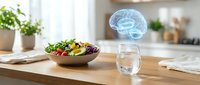 Fresh colorful salad bowl with mixed greens and vegetables on wooden kitchen counter with holographic brain projection representing healthy nutrition.
