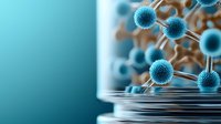 Microscopic blue spherical particles connected by silver lines floating in laboratory glassware against turquoise background, scientific molecular structure visualization.