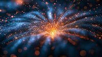 Glowing orange and blue particles explosion with light rays and bokeh effect on dark background, abstract cosmic energy burst pattern.