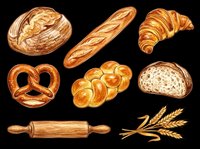 Assorted fresh baked bread, pastries and baking tools isolated on transparent background. Includes croissant, baguette, pretzel, rolls, sourdough loaf, sliced bread, rolling pin and wheat stalks. Ready for bakery designs, menus, t-shirts and print-on-demand projects.