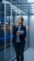 Female IT professional with dark hair, Caucasian ethnicity, wearing navy blazer and holding tablet in modern server room with illuminated data center racks, contemplating network infrastructure.
