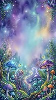 Enchanted forest floor with whimsical mushrooms, glowing fireflies, and magical foliage framing a dreamy starlit sky in purple, blue, and golden tones. Fantasy woodland background.