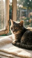 Adorable tabby kitten relaxing on soft blanket by sunny window with warm golden light streaming through glass creating cozy indoor atmosphere for pet care content.