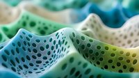 Abstract perforated surface with wavy forms in blue, green, and white tones creating a modern organic pattern for backgrounds and creative design projects.