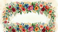 Colorful floral garland with roses, peonies, and mixed blooms arranged in decorative borders on cream background, suitable for wedding invitations and greeting cards.