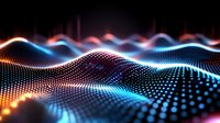 Glowing digital wave pattern with blue and orange light effects on black background, flowing dots creating dynamic futuristic landscape surface.