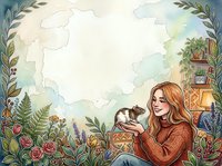 Young woman with long brown hair holding small pet rat in cozy autumn garden setting with floral border frame and copy space for text design.
