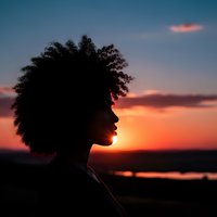 African American woman silhouette with natural afro hair against vibrant sunset sky over water landscape for wellness and beauty concepts.