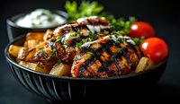 Grilled chicken breast with grill marks, served with roasted potatoes, cherry tomatoes and fresh herbs in black bowl, creamy sauce on side, dark background.