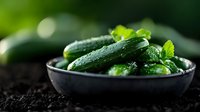 Fresh green cucumbers with water drops and mint leaves in black ceramic bowl on dark soil background, macro food photography for healthy eating.