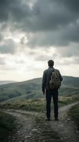 Male hiker with backpack standing on rural trail overlooking rolling hills under dramatic cloudy sky, suitable for travel and adventure concepts.