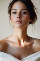 Young Asian woman with natural makeup and messy updo hairstyle poses against beige background wearing white fabric, soft beauty portrait with clean skin.