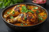 Grilled chicken legs in spicy curry sauce garnished with fresh herbs and mint leaves served in traditional black bowl. Close up view of aromatic Indian cuisine.