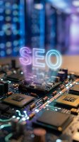 SEO neon text glowing over computer circuit board with processors and microchips. Digital marketing optimization concept for web development and search engine ranking.