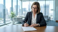 Mature woman with light brown hair and fair complexion, wearing glasses and professional business attire, signing documents at desk in modern high-rise office with city skyline view. Corporate executive.