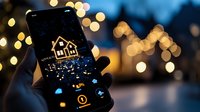 Smartphone displaying glowing house icon against blurred bokeh lights background creates magical evening atmosphere with sparkle effects and warm glow.