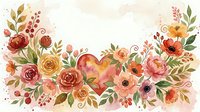 Watercolor floral frame with heart, roses, peonies, and berries in warm autumn tones, perfect for Valentine cards and wedding designs.