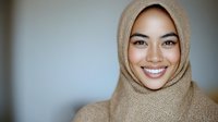 Young Muslim woman wearing beige hijab smiling warmly at camera with natural makeup and confident expression for lifestyle and diversity content.