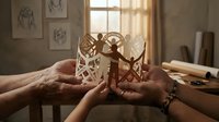 Two hands holding an intricately carved wooden decorative object with geometric patterns, displayed near a sunlit window in an artist's studio workspace with sketches and tools visible.