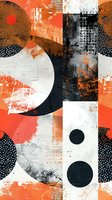 Abstract geometric composition featuring circles and textured elements in coral orange, black, and white with grunge overlay effects and dotted patterns. Ready for wall art.