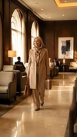 Confident blonde businesswoman in beige coat walking through luxury hotel lobby with luggage, professional travel and hospitality concept.