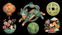 Lunar new year cat with ornamental lantern, lucky coin, flowers and decorative elements isolated on transparent background. Ready for t-shirt design, clipart, stickers, print-on-demand products and sublimation projects.