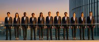Diverse business team of professionals standing in row on modern office terrace during golden hour sunset, corporate leadership and teamwork concept.