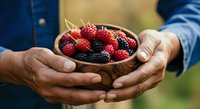 Farmer holding bowl of fresh red and black raspberries outdoors. Harvest, organic produce, agriculture, and sustainable farming concept for food and nature designs.