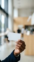 Close-up of male hand holding blank white card in modern office lobby with blurred background, suitable for business messaging and corporate branding applications.