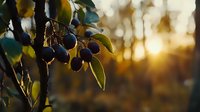 Ripe dark plums hanging on tree branch at golden sunset with bokeh background, fresh organic fruit in warm evening light creates natural food atmosphere.