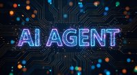 Futuristic AI agent text with glowing neon letters on dark circuit board background with colorful lights for technology and artificial intelligence concepts.