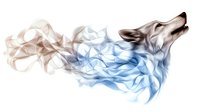 Artistic smoke effect forming wolf head silhouette in blue and brown gradient colors on white background, isolated design element for creative projects.