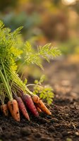 Fresh organic carrots with green tops growing in rich soil during golden hour light for healthy eating and sustainable agriculture concepts.
