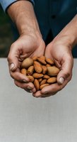 Male hands holding almonds, suitable for food, nutrition, health, and agriculture marketing materials.
