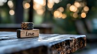 Love text engraved on wooden block with decorative cork stopper, displayed on rustic wood surface with blurred garden bokeh background for romantic themes.