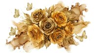 Golden roses bouquet with butterflies in watercolor style on white background, floral arrangement for wedding invitations and romantic designs.