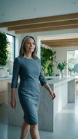 Mature woman with long gray hair wearing blue three-quarter sleeve dress standing in modern kitchen with wooden beams, white walls, potted plants, and marble island countertop for lifestyle and home design projects.