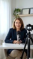 Middle-aged woman with shoulder-length brown hair and Caucasian ethnicity recording podcast or video interview in home office studio setup with microphone and camera equipment.