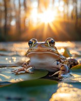 Cute frog sitting on lily pad in pond with golden sunset light streaming through forest creating magical bokeh effect and warm atmospheric glow in natural wetland habitat.