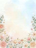 Watercolor floral frame with roses, wildflowers, eucalyptus leaves, gold stars and crescent moons on soft pastel background. Isolated design element for invitations, greeting cards, and stationery projects.