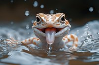 Macro shot of leopard gecko with tongue out in water droplets and splashes, showing detailed facial features and scales against dark background. Reptile in refreshing environment.